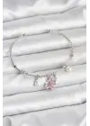 Pembe Kelebek Charmlı Gümüş Renk Kadın Bileklik