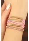 Pembe Renk Deri Taşlı Bayan Çoklu Bileklik