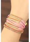 Pembe Renk Deri Taşlı Bayan Çoklu Bileklik