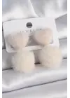 Pembe Renk Tüylü Kalp Ponpon Model Çelik Küpe