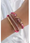 Pembe Renk Zirkon Taşlı Çoklu Bileklik