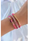 Pembe Renk Zirkon Taşlı Deri Çoklu Bileklik