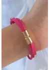 Pembe Renk Zirkon Taşlı Deri Çoklu Bileklik
