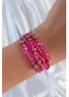 Pembe Renk Zirkon Taşlı İpli Çoklu Bileklik