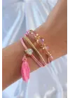 Pembe Renk Zirkon Taşlı İpli Püskül Detay Çoklu Bileklik