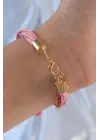 Pembe Renk Zirkon Taşlı İpli Püskül Detay Çoklu Bileklik