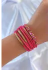 Pembe Renk Zirkon Taşlı Metal Aksesuarlı İpli Çoklu Bileklik