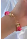Pembe Renk Zirkon Taşlı Metal Aksesuarlı İpli Çoklu Bileklik