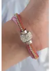 Pembe Renk Zirkon Taşlı Püskül Detay Deri Çoklu Bileklik