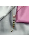 Pembe Taşlı Uzun Kalpli Y Kolye Çelik