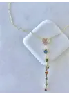 Pembe Taşlı Uzun Kalpli Y Kolye Çelik