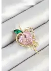 Pembe Ve Yeşil Zirkon Taşlı 3D Eriyen Kalp Figürlü Gold Renk Kadın Broş