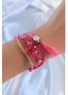 Pembe Zirkon Taşlı İpli Püskül Detay Çoklu Bileklik