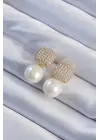  Altın Renk Zirkon Taşlı Kare Model İnci Tasarım Çelik Küpe