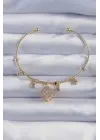 Pirinç Altın Renk Zirkon Taşlı Yonca Model Charm Bileklik