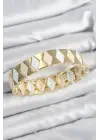 Pirinç Baklava Desenli Krem Beyaz Gold Renk Lastikli Kadın Bileklik