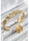 Pirinç Çiçek Model Gold Renk Bileklik Yüzük Set