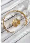 Pirinç Çiçek Model Gold Renk Bileklik Yüzük Set