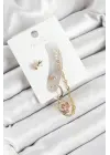 Pirinç Fiyonk ve Kalp Figürlü Zirkon Taşlı Gold Renk 3lü Kıkırdak Kadın Küpe Set