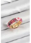 Pirinç Fuşya Mineli Çiçek Motifli Gold Renk Ayarlanabilir Kadın Yüzük