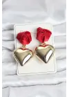 Pirinç Gold Kalpli Kırmızı Gül Model Kadın Küpe