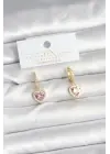 Pirinç Gold Pembe Renk Zirkon Taşlı Kalp Model Kadın Küpe