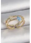 Pirinç Gold Renk 2Li Zirkon Taşlı Mavi Yıldız Figür Ayarlanabilir Kadın Yüzük
