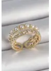 Pirinç Gold Renk 2Li Zirkon Taşlı Ve İncili Ayarlanabilir Kadın Yüzük