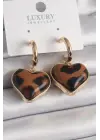  Altın 3D Kalp Leopar Desen Model Çelik Küpe