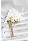Pirinç Gold Renk 6 Çift Kadın Küpe Seti Uzun Sarkıtma Yıldız