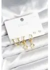 Pirinç Gold Renk 925 Ayar Gümüş Çivili Kadın Küpe Seti