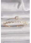 Pirinç Gold Renk Arpa Zirkon Taşlı Kadın Bileklik
