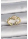  Altın Ayarlanabilir Bej Daire Mineli Yaprak Model Çelik Yüzük