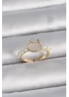  Altın Ayarlanabilir Beyaz Mineli Kedi Model İnci Detay Çelik Yüzük