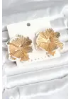 Çelik Gold Renk Beyaz Mine Detaylı Lotus Kadın Küpe