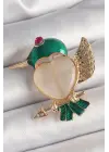 Çelik Gold Renk Beyaz Mineli Kalp Yeşil Sinek Kuşu Model Pembe Zirkon Taş Detay Kadın Broş