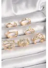 Pirinç Gold Renk Beyaz Mineli Kalp Zirkon Taşlı Çiçek Detay Kadın Yüzük Kombini