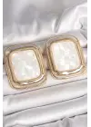 Pirinç Gold Renk Beyaz Mineli Kare Model Kadın Küpe