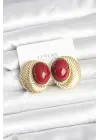 Pirinç Gold Renk Bordo Boncuklu Oval Vintage Kadın Küpe