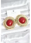 Pirinç Gold Renk Bordo Boncuklu Vintage Kadın Küpe