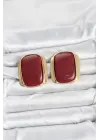 Pirinç Gold Renk Bordo Plaka Vintage Kadın Küpe
