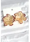 Çelik Gold Renk Bordo Renk Detaylı Lotus Kadın Küpe
