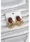Pirinç Gold Renk Bordo Taşlı Vintage Kadın Küpe