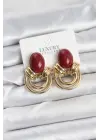 Çelik Gold Renk Bordo Taşlı Vintage Kadın Küpe