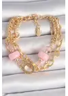 Pirinç Gold Renk Çoklu Pembe Taşlı Kadın Bileklik