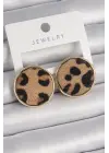  Altın Daire Plaka Model Leopar Desenli Çelik Küpe