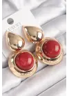  Altın Damla Model Kırmızı Doğal Taşlı Vintage Çelik Küpe