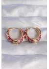 Altın Fuşya Mineli Etnik Desenli Halka Küpe