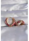 Altın Fuşya Mineli Etnik Desenli Halka Küpe