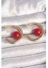 Pirinç Gold Renk Halka Model Kırmızı Boncuk Detay Kadın Küpe